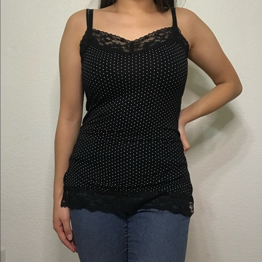 🌱 Tight Black & White Polka-Dot Lace Tank Top